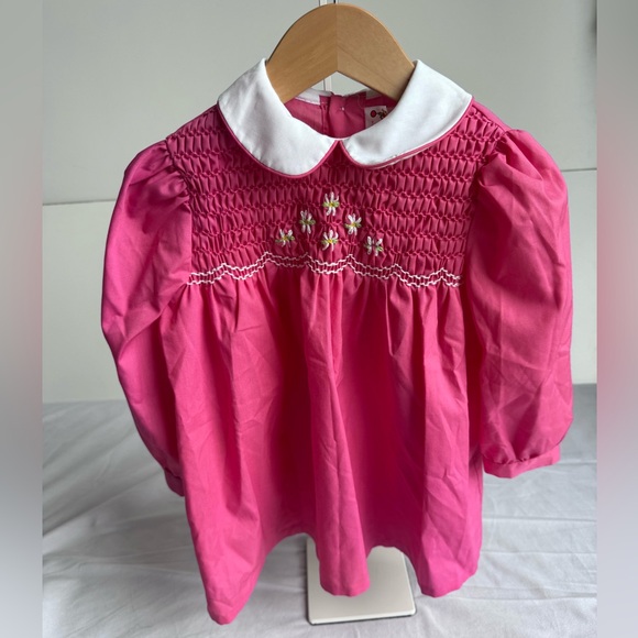 Winnie the Pooh Vintage Girl Smocked Dress 3T Pink Peter Pan Collar Floral - Picture 1 of 7